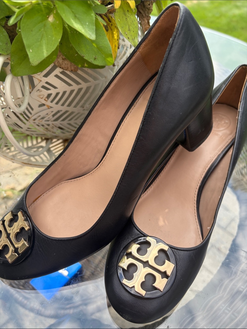Tory Burch Black Leather Block Heel Pumps with Gold Logo Medallion